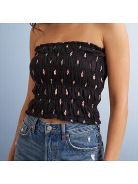 Anthropologie Black Ikat Teardrop Printed Smocked Tube Top Medium